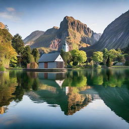 A serene lake with a towering mountain forming the backdrop, accompanied by a quaint boatshed on one side and a picturesque church on the other.