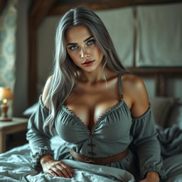 A busty, shy, delicate yet athletic medieval cleric girl with large, beautiful natural breasts, long ash grey hair, and bright turquoise eyes