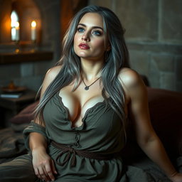 A delicate but athletic medieval cleric woman with a kind and caring demeanor, featuring large beautiful natural breasts