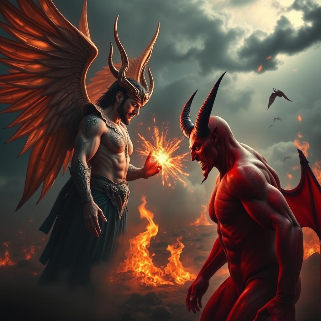 An intense showdown between Lucifer, often depicted as a magnificent figure with elegant features, elaborate wings, and a radiant yet dark aura, and a more traditional devil figure with red skin, sharp horns, and a sinister expression