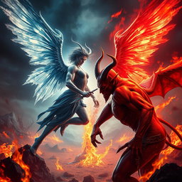 An intense showdown between Lucifer, often depicted as a magnificent figure with elegant features, elaborate wings, and a radiant yet dark aura, and a more traditional devil figure with red skin, sharp horns, and a sinister expression