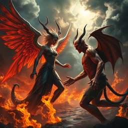 An intense showdown between Lucifer, often depicted as a magnificent figure with elegant features, elaborate wings, and a radiant yet dark aura, and a more traditional devil figure with red skin, sharp horns, and a sinister expression