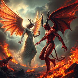 An intense showdown between Lucifer, often depicted as a magnificent figure with elegant features, elaborate wings, and a radiant yet dark aura, and a more traditional devil figure with red skin, sharp horns, and a sinister expression