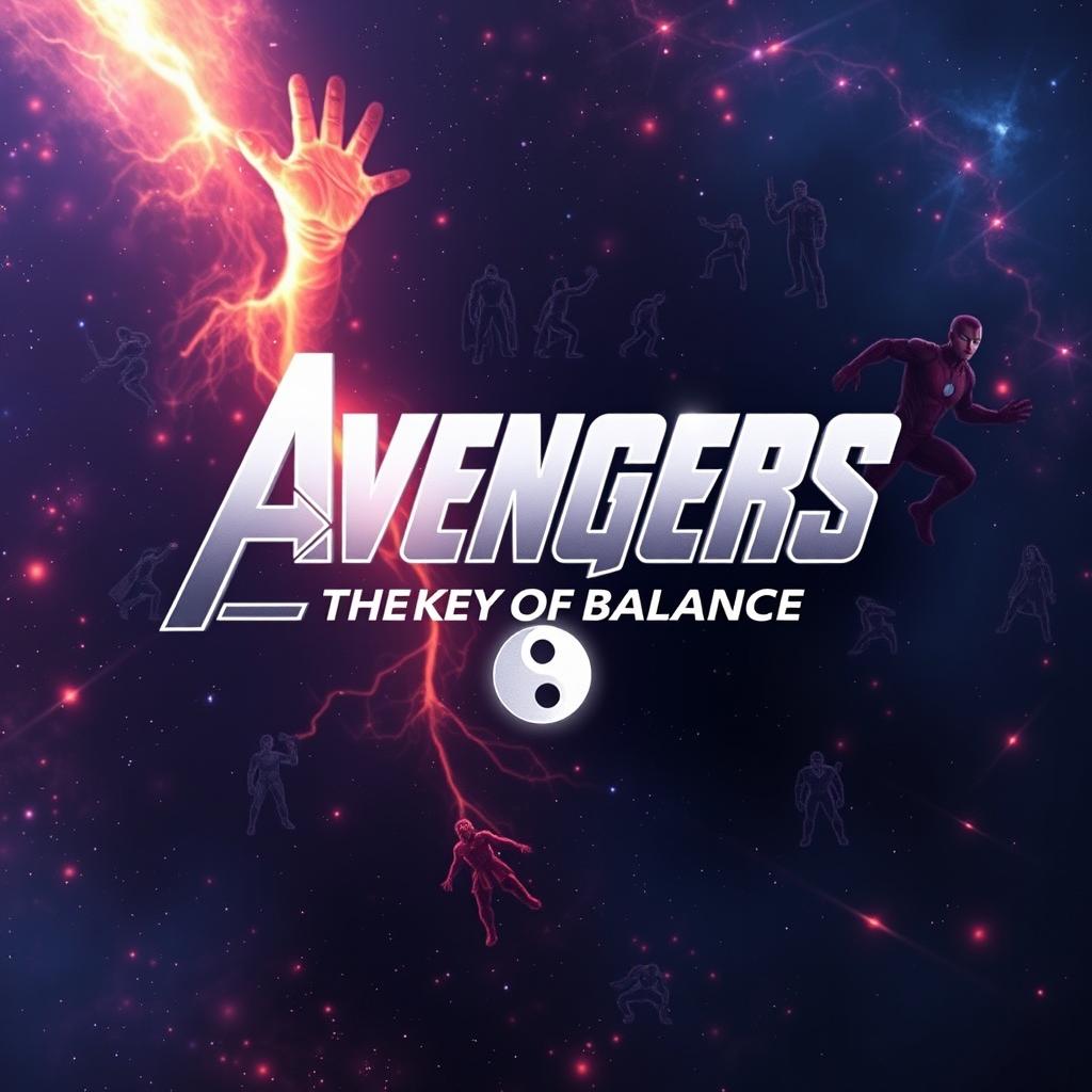 A cinematic portrayal of the title "Avengers: The Key of Balance" in bold white typography set against an epic fantastical background