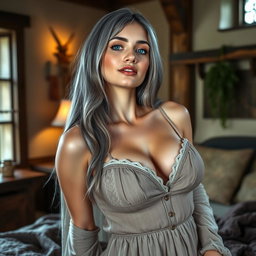 A busty, shy, delicate yet athletic medieval cleric girl with large, beautiful natural breasts