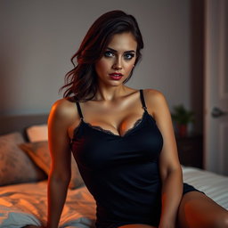 A 40-year-old English woman with a perfect body, a provocative face, and sexy lips, wearing a short, tight-fitting black nightgown with thin straps