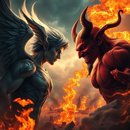 An intense showdown between Lucifer, depicted as a striking male figure with elegant features, elaborate wings, and a mix of light and dark aura, facing off against a traditional devil character characterized by red skin, sharp horns, and a wicked smile