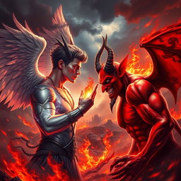 An intense showdown between Lucifer, depicted as a striking male figure with elegant features, elaborate wings, and a mix of light and dark aura, facing off against a traditional devil character characterized by red skin, sharp horns, and a wicked smile