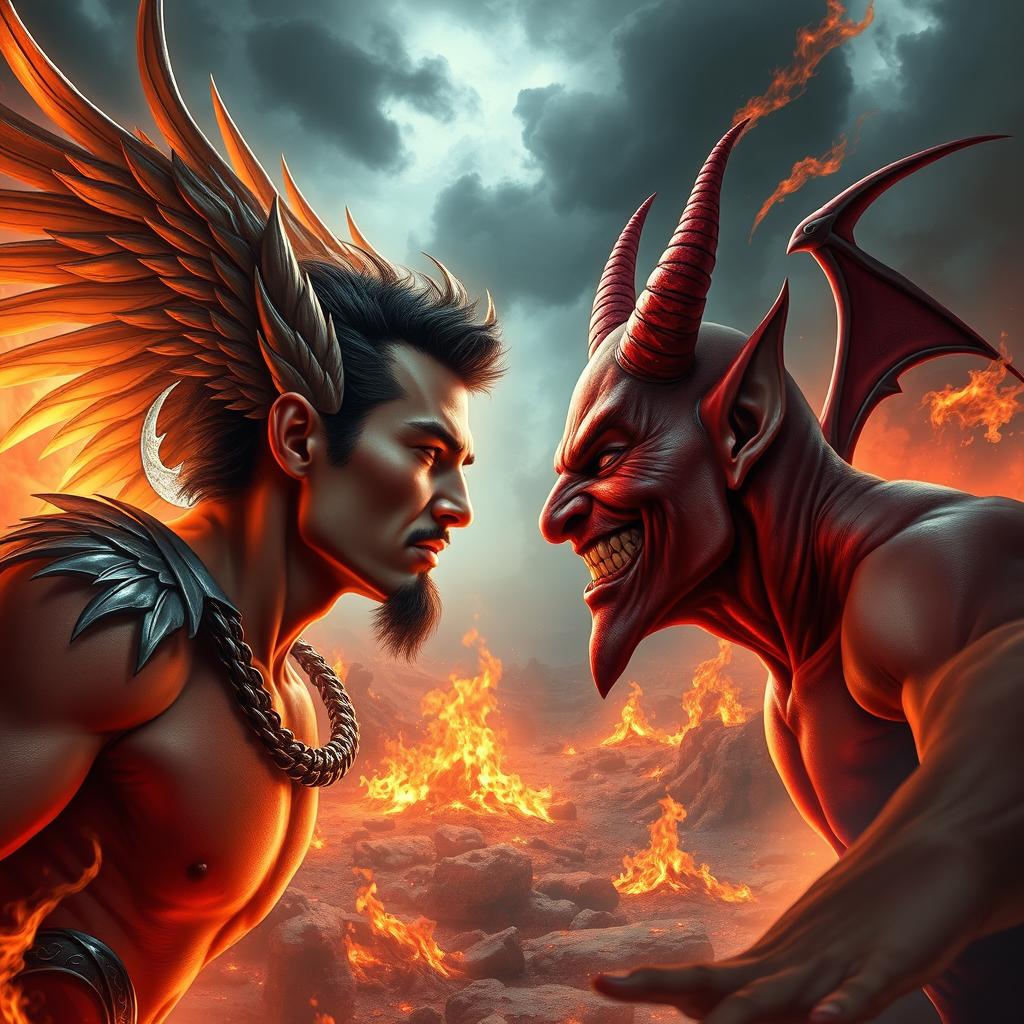 An intense showdown between Lucifer, depicted as a striking male figure with elegant features, elaborate wings, and a mix of light and dark aura, facing off against a traditional devil character characterized by red skin, sharp horns, and a wicked smile