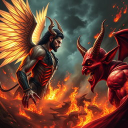 An intense showdown between Lucifer, depicted as a striking male figure with elegant features, elaborate wings, and a mix of light and dark aura, facing off against a traditional devil character characterized by red skin, sharp horns, and a wicked smile