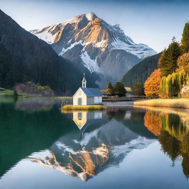 A serene lake with a towering mountain forming the backdrop, accompanied by a quaint boatshed on one side and a picturesque church on the other.