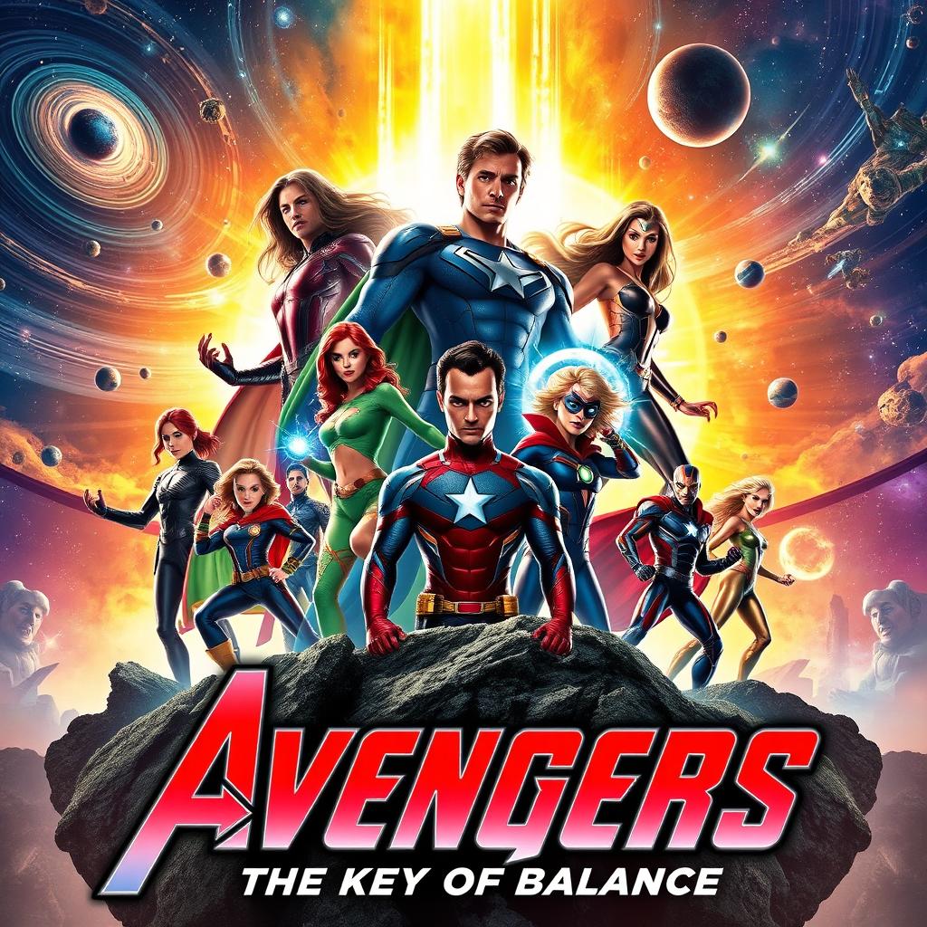 A dynamic and captivating poster for a fictional superhero movie titled 'Avengers: The Key of Balance'