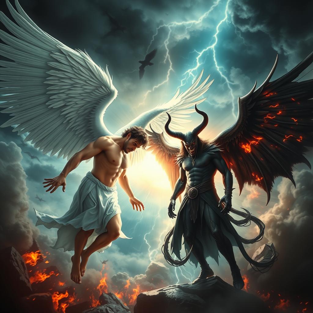 A visually stunning depiction of the battle between Lucifer as the fallen angel and Satan, set in a dramatic celestial arena