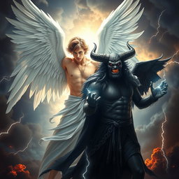A visually stunning depiction of the battle between Lucifer as the fallen angel and Satan, set in a dramatic celestial arena