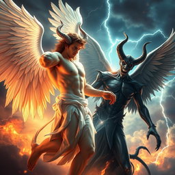 A visually stunning depiction of the battle between Lucifer as the fallen angel and Satan, set in a dramatic celestial arena