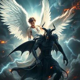 A visually stunning depiction of the battle between Lucifer as the fallen angel and Satan, set in a dramatic celestial arena