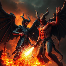 A breathtaking and intense confrontation between Lucifer and Satan, set in a spectacular hellish landscape filled with intense flames and swirling smoke