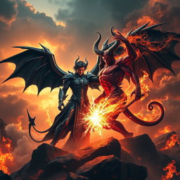 A breathtaking and intense confrontation between Lucifer and Satan, set in a spectacular hellish landscape filled with intense flames and swirling smoke