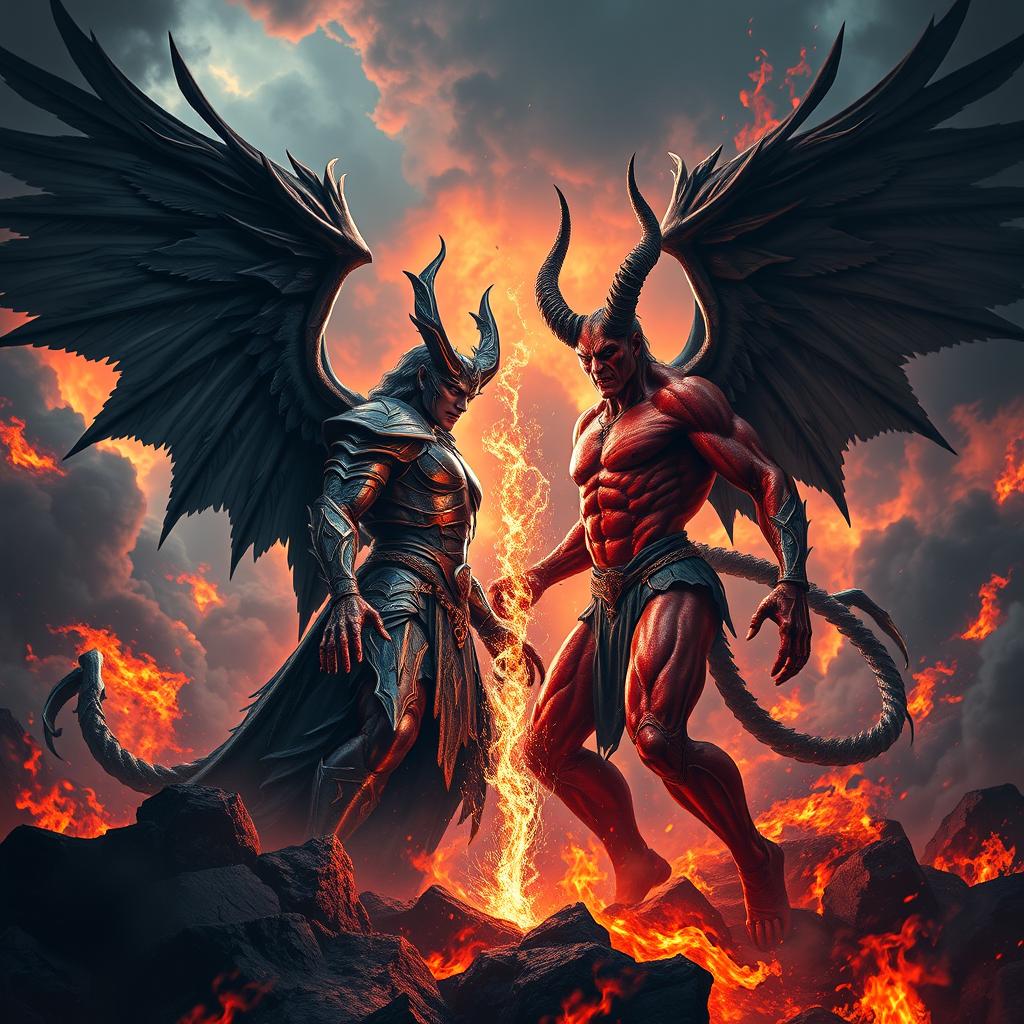 A breathtaking and intense confrontation between Lucifer and Satan, set in a spectacular hellish landscape filled with intense flames and swirling smoke