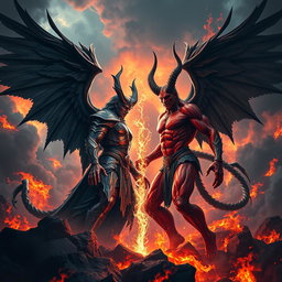 A breathtaking and intense confrontation between Lucifer and Satan, set in a spectacular hellish landscape filled with intense flames and swirling smoke