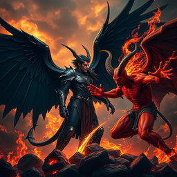 A breathtaking and intense confrontation between Lucifer and Satan, set in a spectacular hellish landscape filled with intense flames and swirling smoke