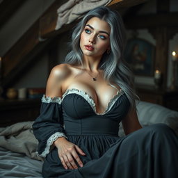 A busty and beautiful slim girl cleric with bright turquoise eyes and large breasts, featuring long ash grey hair