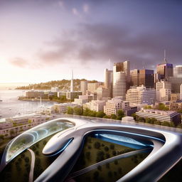 Futuristic depiction of Wellington, New Zealand, after 200 years with technologically advanced structures, sustainable urban policies, and autonomous transit systems.