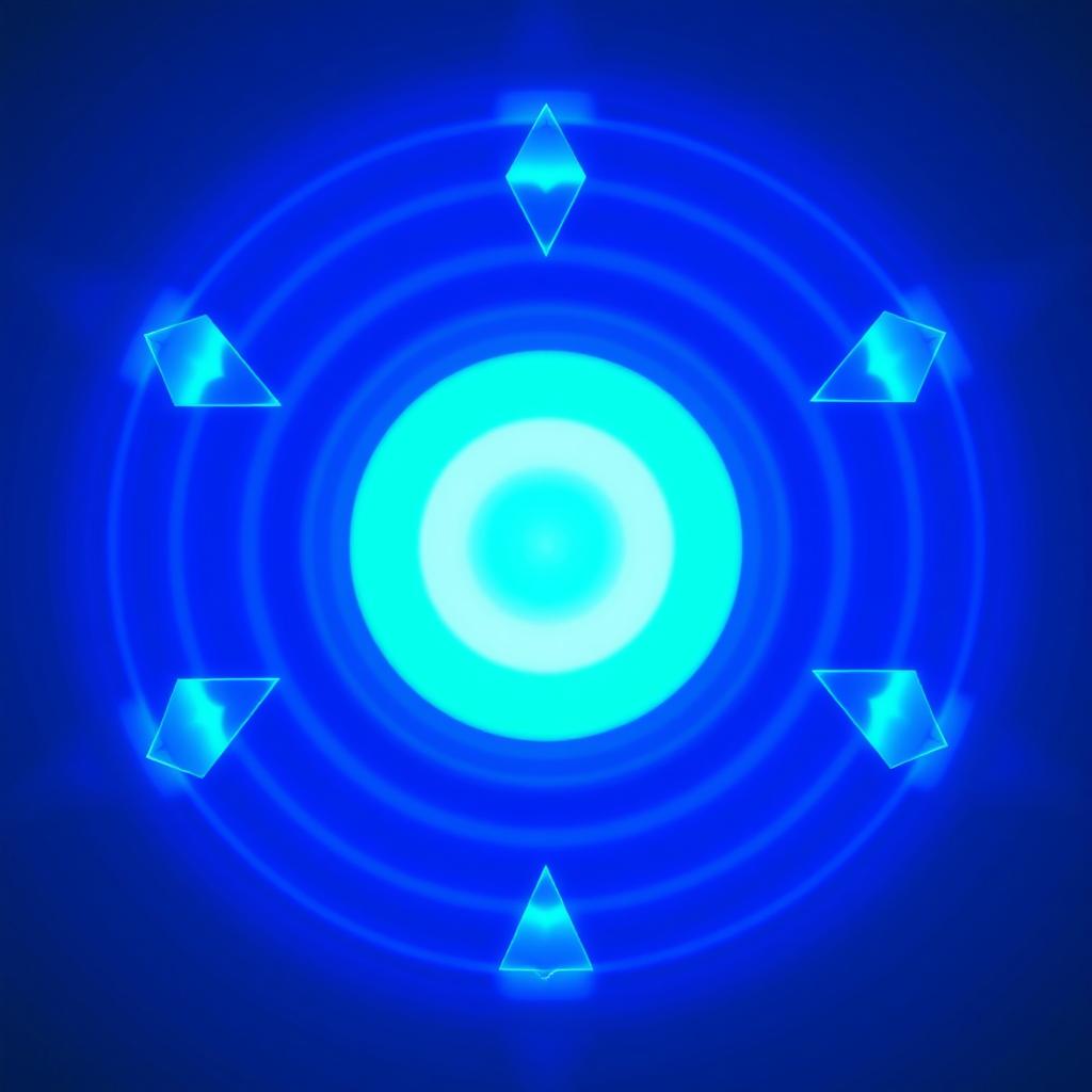 An artistic representation of a luminous blue concentric circle, surrounded by triangles symbolizing balance and harmony