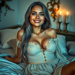 A busty, beautiful, slim 20-year-old girl cleric with bright turquoise eyes and long ash grey hair, lying back on her elbows on a bed