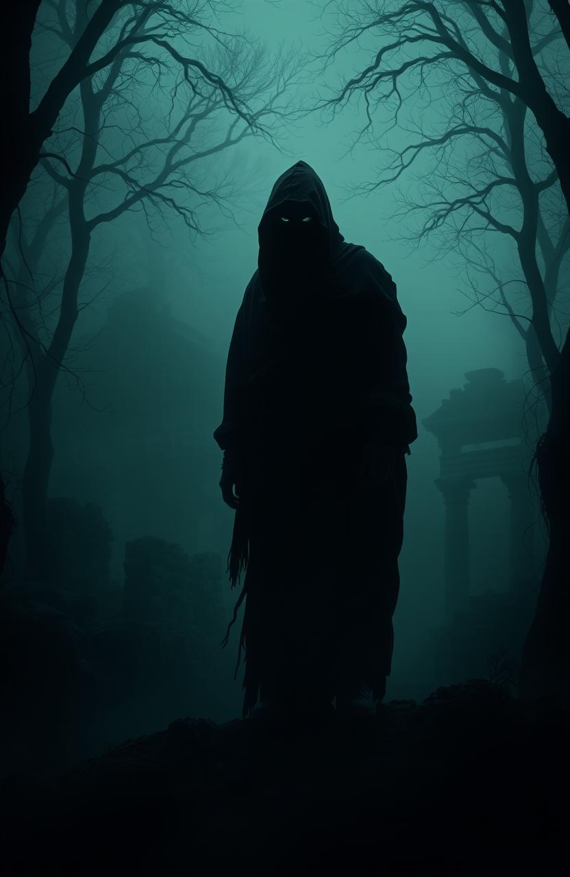 A dark and mysterious scene depicting the concept of 'Sombra del pasado' (Shadow of the Past)