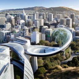 Futuristic depiction of Wellington, New Zealand, after 200 years with technologically advanced structures, sustainable urban policies, and autonomous transit systems.