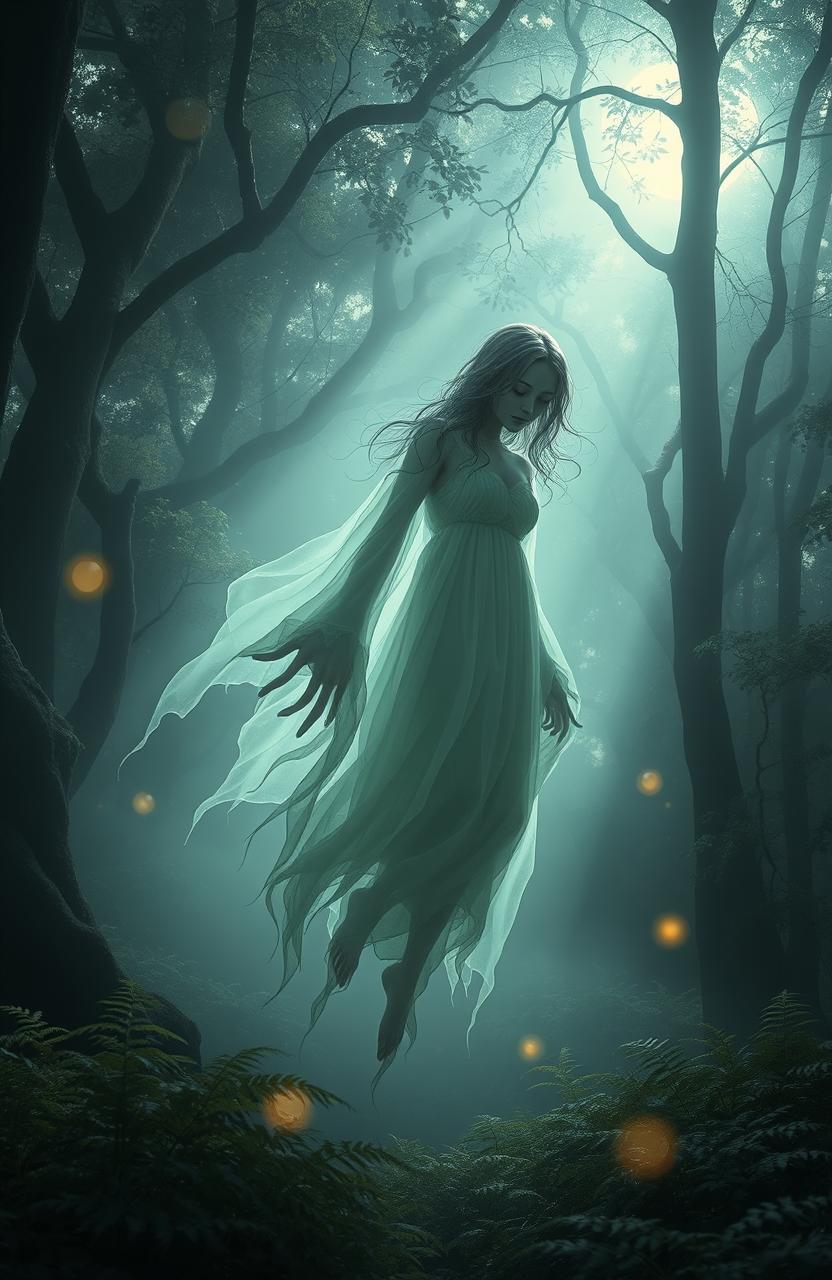 A captivating ghostly figure drifting through an ancient forest, surrounded by mist and ethereal glowing orbs