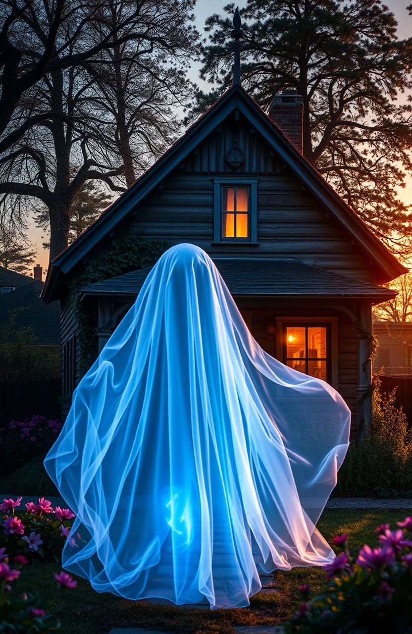 A ghostly apparition standing in front of a quaint, old house