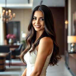 A stunning portrait of a beautiful, confident woman with long, flowing dark hair, wearing an elegant, form-fitting dress that highlights her curves