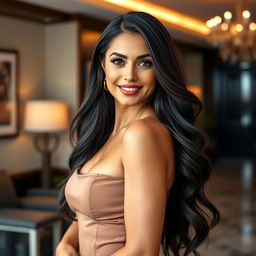 A stunning portrait of a beautiful, confident woman with long, flowing dark hair, wearing an elegant, form-fitting dress that highlights her curves