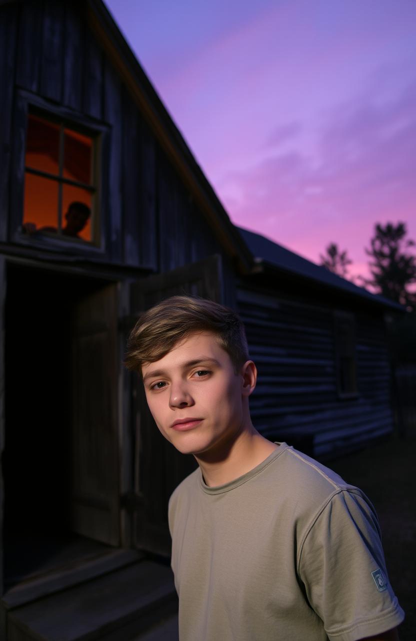 A young man standing in front of an old house with weathered wooden walls and a rustic door, capturing a sense of nostalgia and mystery