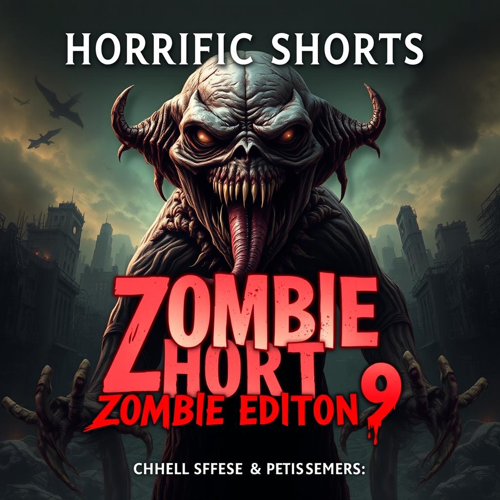 The cover of *Horrific Shorts: Zombie Edition 9 (HS: ZE9)* by **Sir Faraz** is designed to be dark, intense, and terrifying