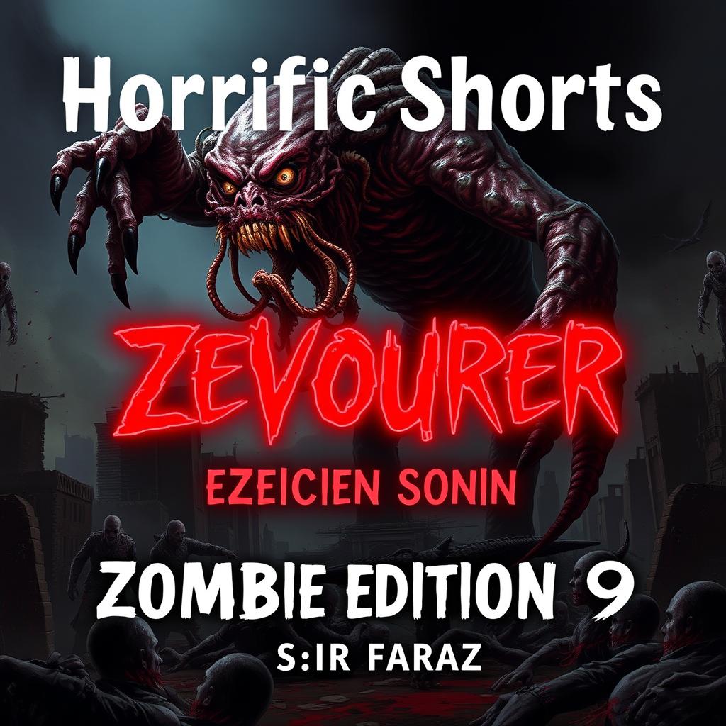 The cover of *Horrific Shorts: Zombie Edition 9 (HS: ZE9)* by Sir Faraz, dark and intense, featuring a monstrous figure known as the Devourer looming in the shadows