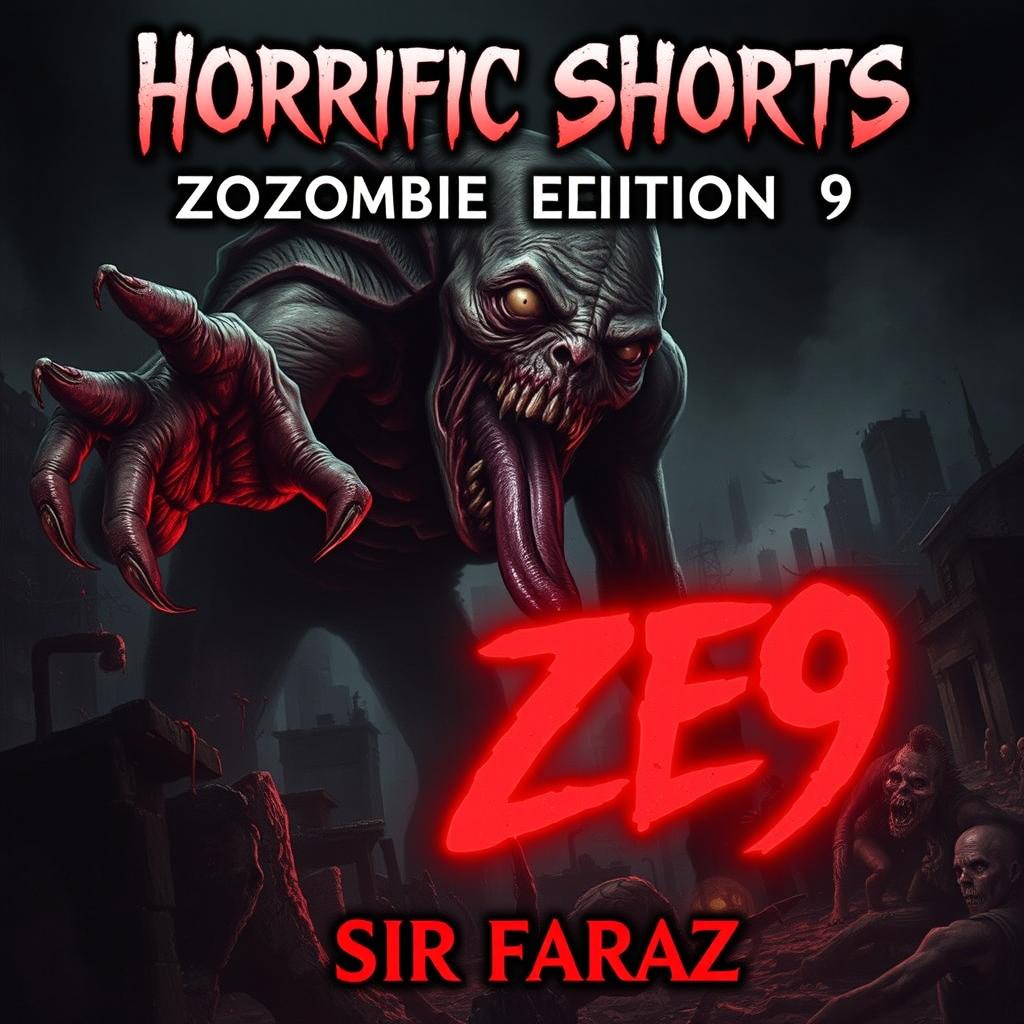 The cover of *Horrific Shorts: Zombie Edition 9 (HS: ZE9)* by Sir Faraz, dark and intense, featuring a monstrous figure known as the Devourer looming in the shadows