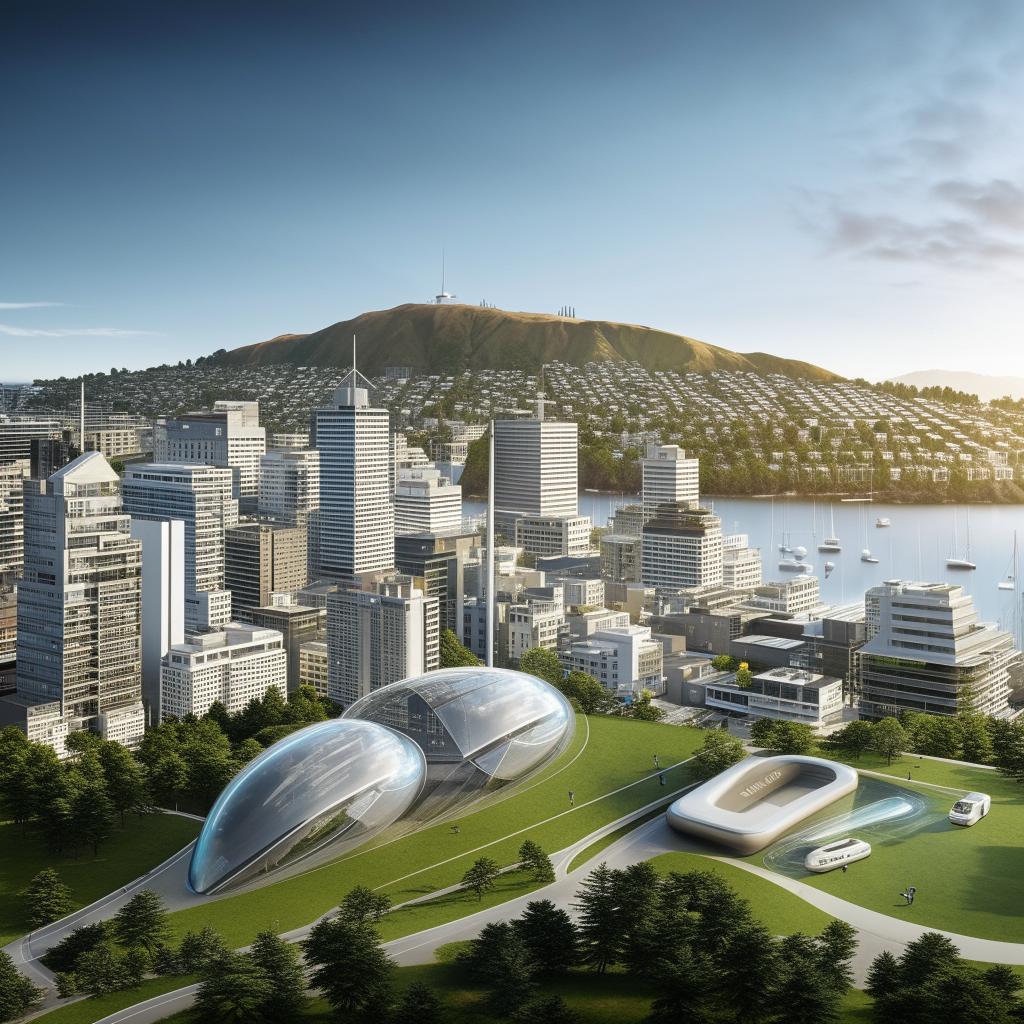 Futuristic depiction of Wellington, New Zealand, after 200 years with technologically advanced structures, sustainable urban policies, and autonomous transit systems.