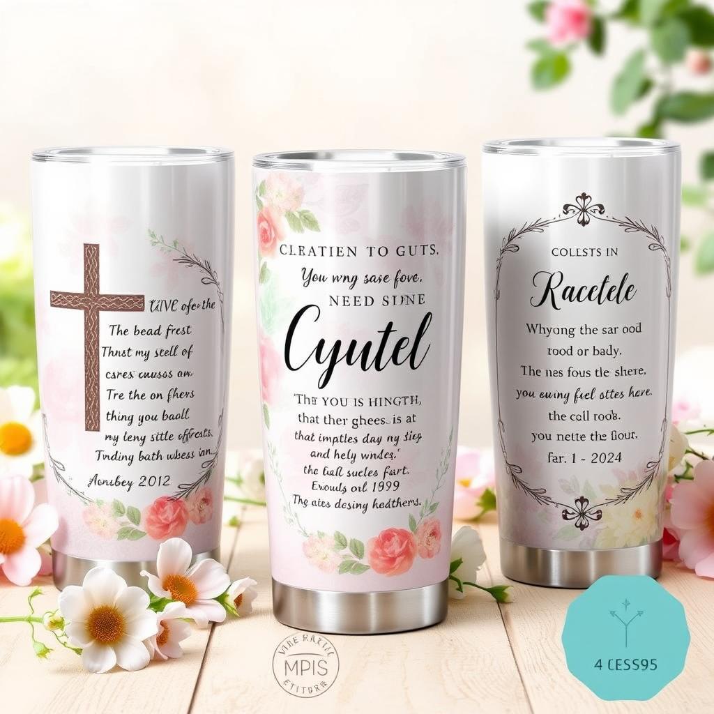 A collection of beautifully designed Christian tumblers showcasing various inspirational verses and artwork