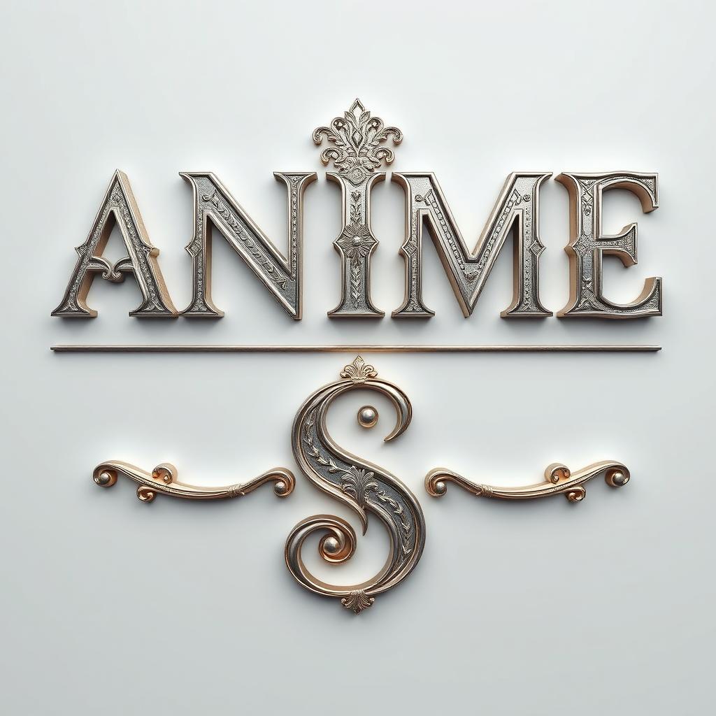 A 3D aluminum word art spelling 'ANIME' in an elegant royal style, showcasing intricate designs and luxurious textures
