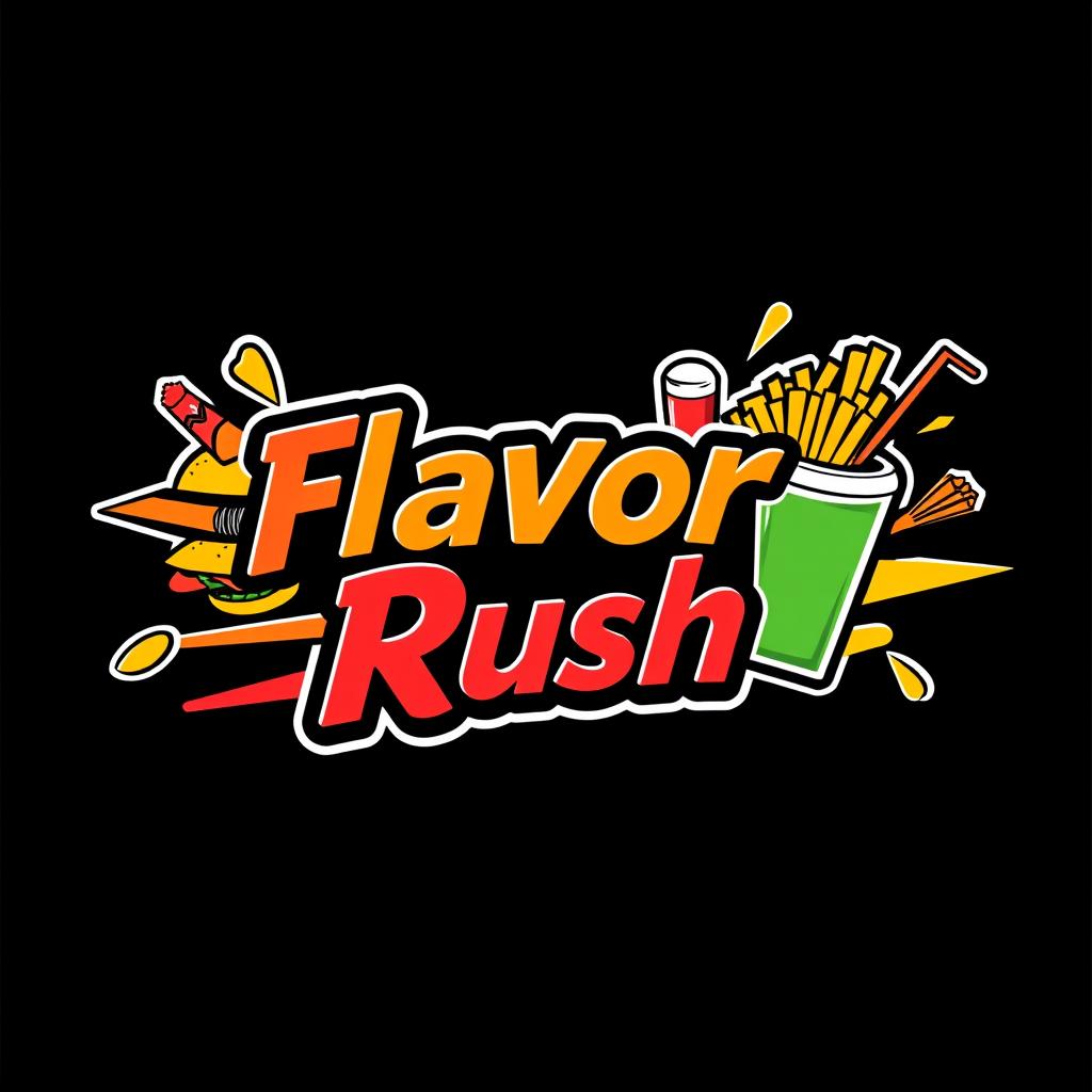A vibrant and eye-catching fast food logo featuring the words 'Flavor Rush' in bold, energetic font