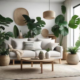 A stylish and unique living room design composed of a merger of tropical and Scandinavian concepts. The room is furnished with handcrafted Java craft furniture, lush tropical plants, a light neutral color palette typical of Scandinavian aesthetics, and highlighted with ethnically patterned textiles or heritage arts.