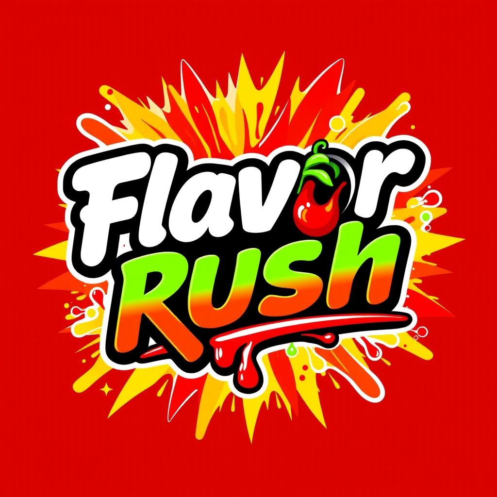 A vibrant and energetic fast food logo design featuring the text 'Flavor Rush' in bold, playful typography
