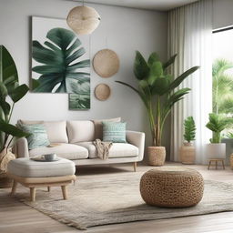 A stylish and unique living room design composed of a merger of tropical and Scandinavian concepts. The room is furnished with handcrafted Java craft furniture, lush tropical plants, a light neutral color palette typical of Scandinavian aesthetics, and highlighted with ethnically patterned textiles or heritage arts.