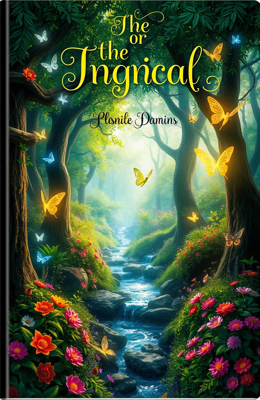 A stunning and captivating book cover design featuring an enchanting forest filled with magical elements