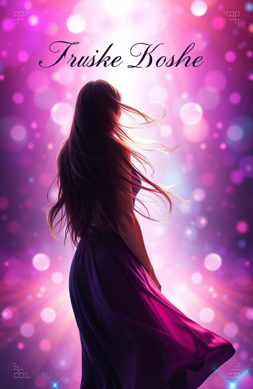 A stunning and captivating book cover design featuring a woman viewed from the back, showcasing her silhouette against a backdrop of vibrant and enchanting colors