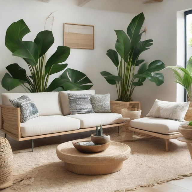 A stylish and unique living room design composed of a merger of tropical and Scandinavian concepts. The room is furnished with handcrafted Java craft furniture, lush tropical plants, a light neutral color palette typical of Scandinavian aesthetics, and highlighted with ethnically patterned textiles or heritage arts.