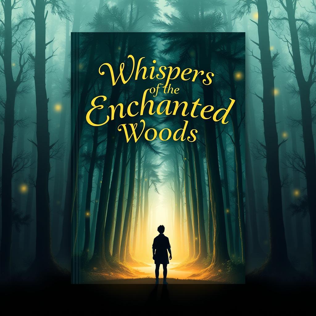 A stunning book cover design featuring an enchanting forest scene, with tall, mystical trees and a softly glowing path leading into the depths of the woods